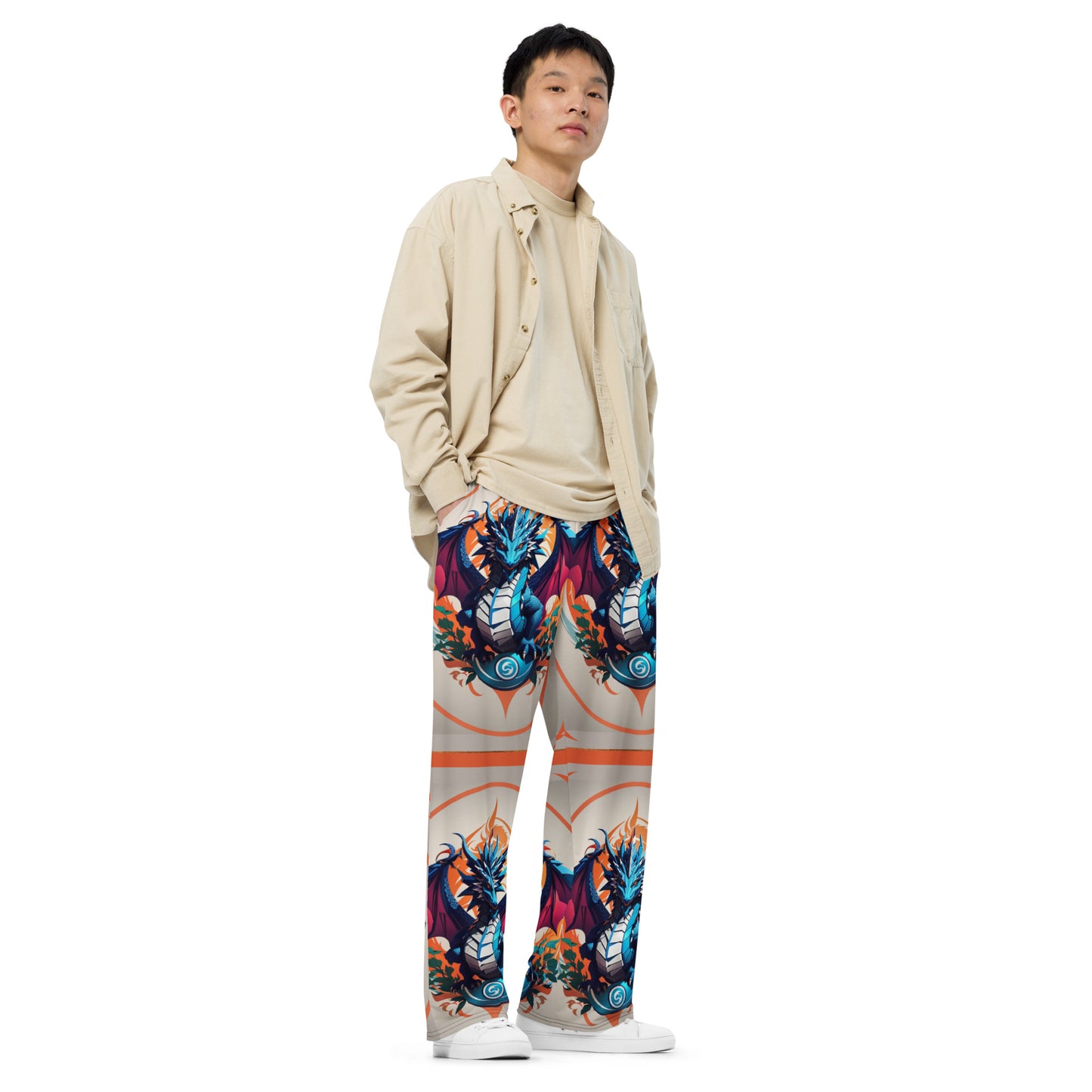 Calça wide leg unissex com impressão all-over