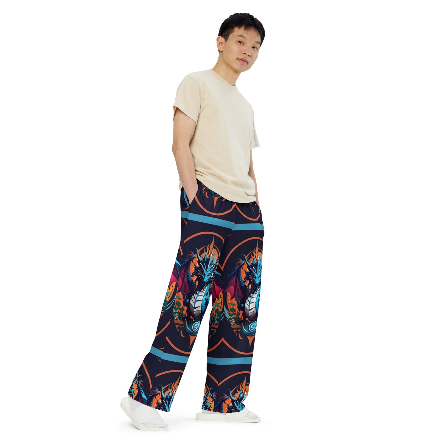 Calça wide leg unissex com impressão all-over