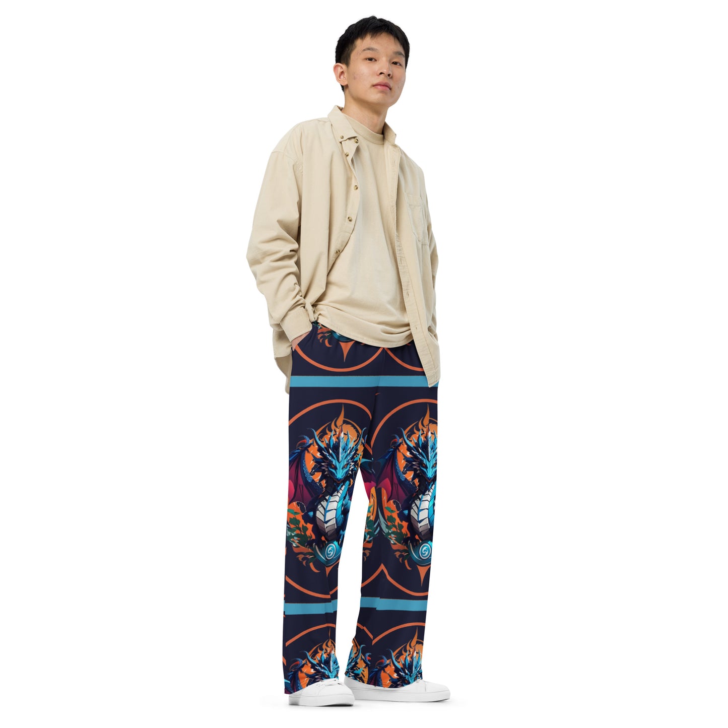 Calça wide leg unissex com impressão all-over