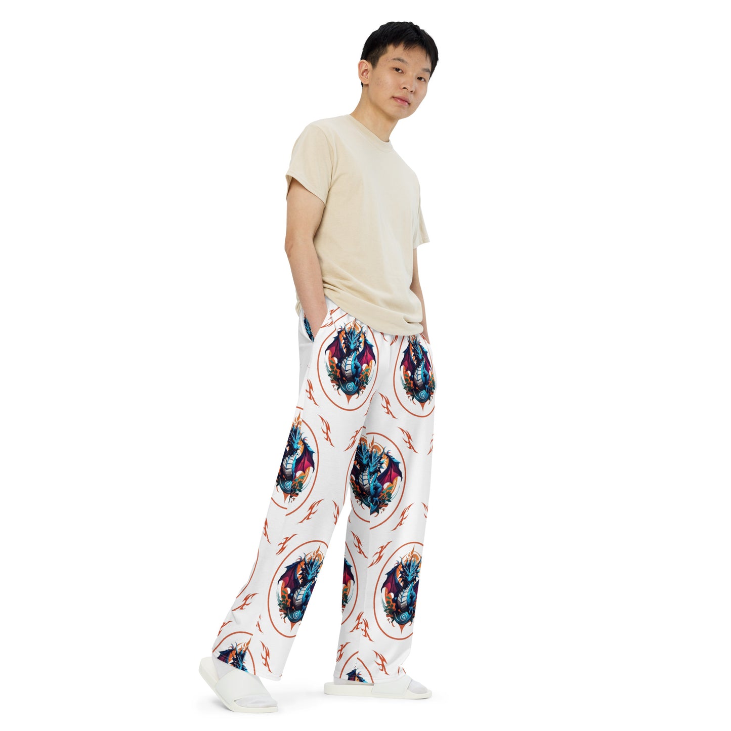 Calça wide leg unissex com impressão all-over