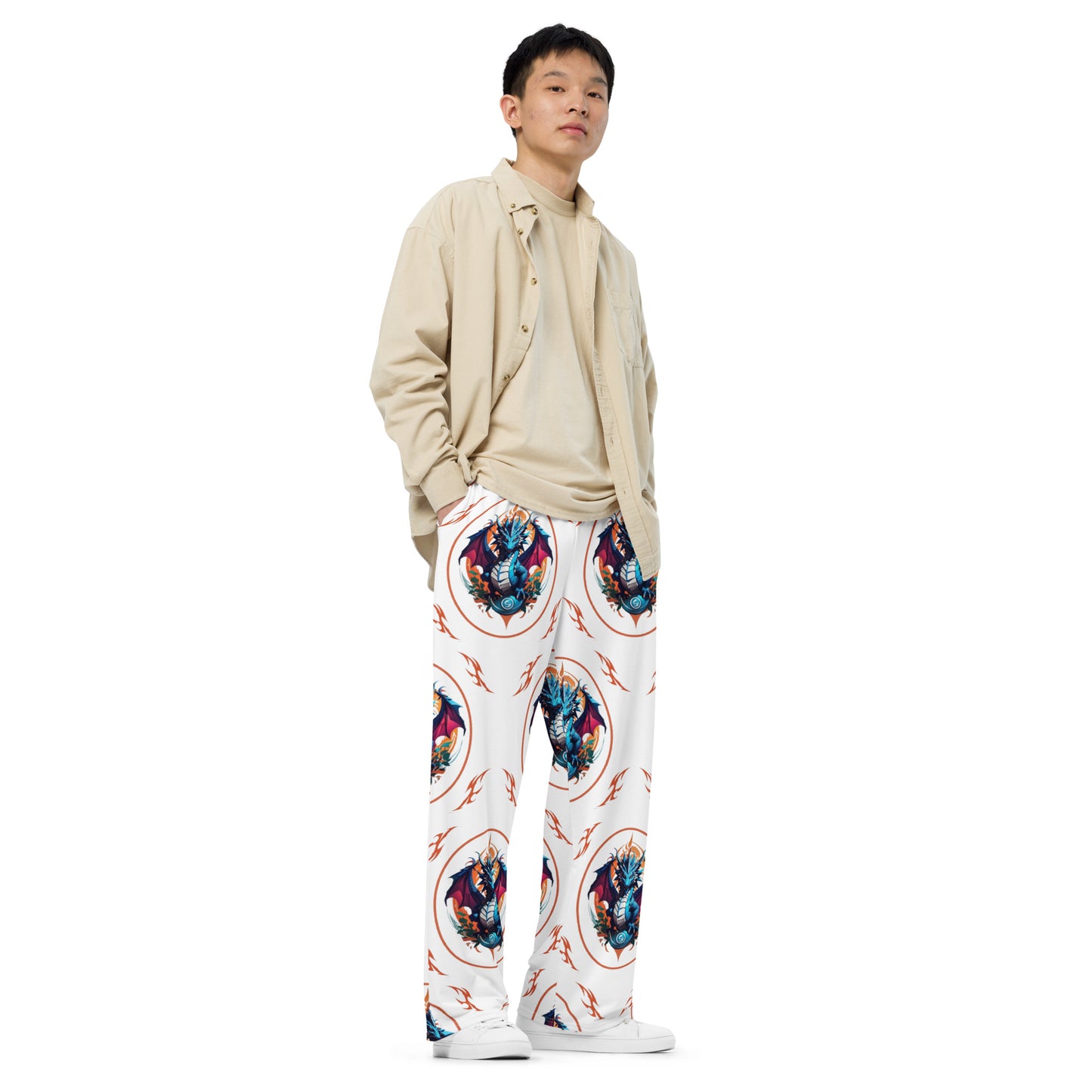 Calça wide leg unissex com impressão all-over